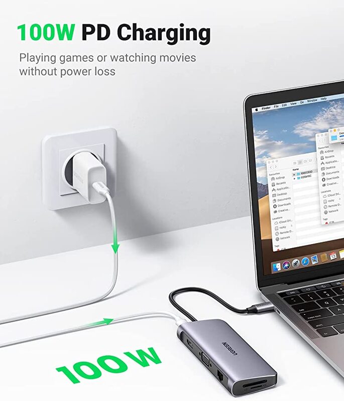 UGREEN USB-C Hub-3xUSB3.0+HDMI+VGA+TF/SD+RJ45+AUX3.5mm with 5Gbps 4K PD Power Supply GRY